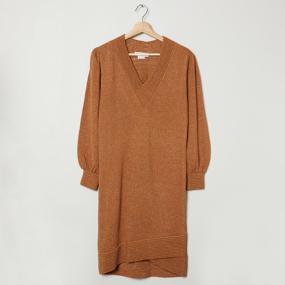 Vtg 80s Copper Metallic Threat Sweater Dress S